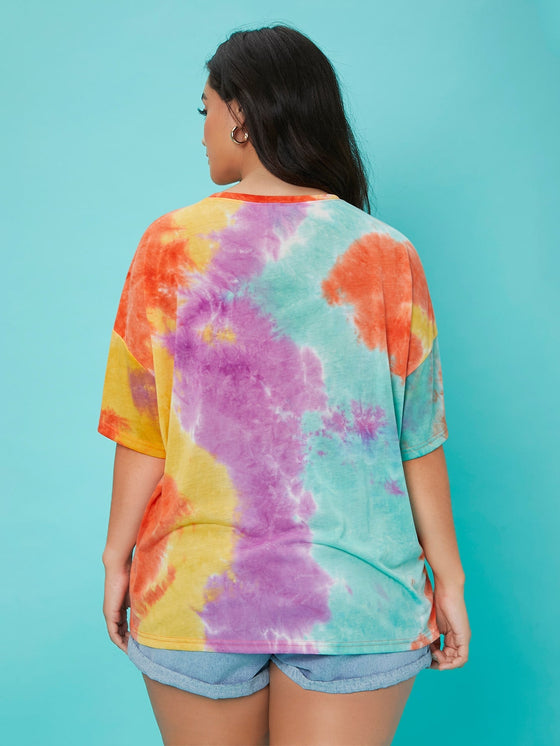 Plus Tie Dye Slogan Graphic Drop Shoulder Tee