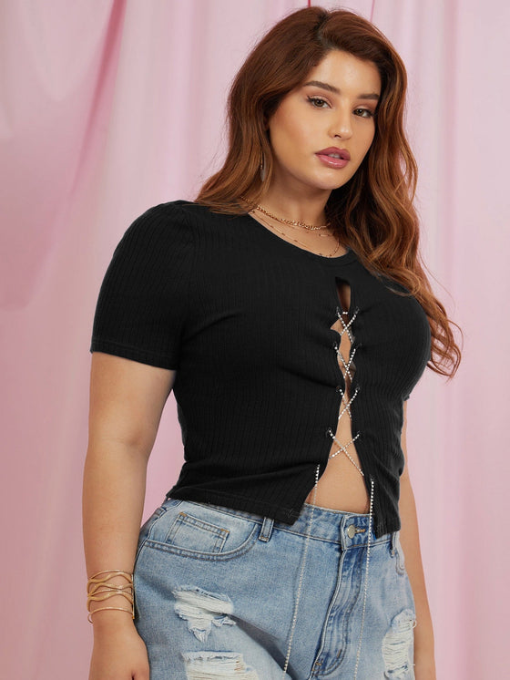 Plus Rhinestone Lace Up Front Top