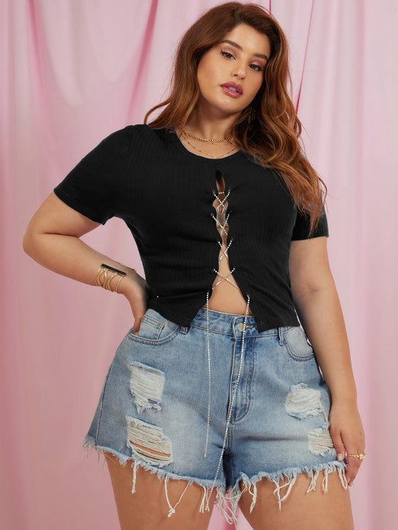 Plus Rhinestone Lace Up Front Top