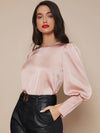 Buttoned Cuff Lantern Sleeve Satin Top