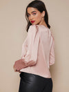 Buttoned Cuff Lantern Sleeve Satin Top