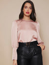Buttoned Cuff Lantern Sleeve Satin Top
