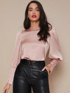 Buttoned Cuff Lantern Sleeve Satin Top