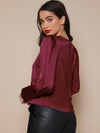 Buttoned Cuff Lantern Sleeve Satin Top