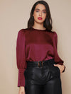 Buttoned Cuff Lantern Sleeve Satin Top