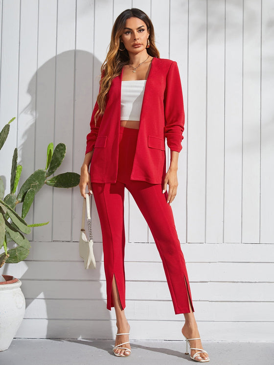 Open Front Flap Detail Blazer Split Hem Pants