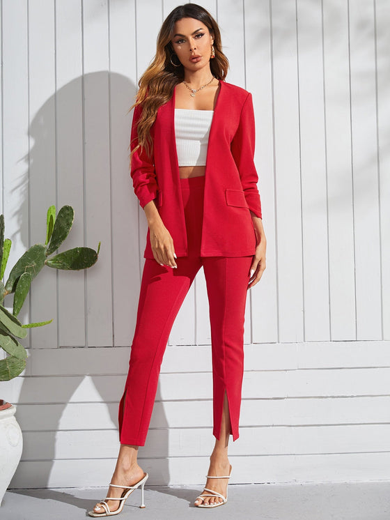 Open Front Flap Detail Blazer Split Hem Pants