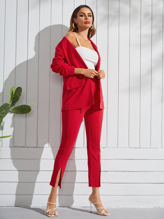 Open Front Flap Detail Blazer Split Hem Pants