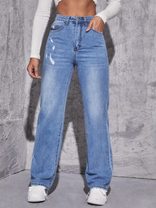  High Waist Ripped Straight Leg Jeans