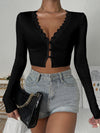 Lace Trim Button Front Rib Knit Crop Top