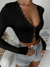 Lace Trim Button Front Rib Knit Crop Top