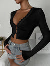 Lace Trim Button Front Rib Knit Crop Top
