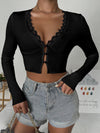 Lace Trim Button Front Rib Knit Crop Top