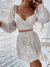 Ditsy Floral Sweetheart Neck Flounce Sleeve Top Ruffle Hem Skirt