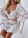 Ditsy Floral Sweetheart Neck Flounce Sleeve Top Ruffle Hem Skirt