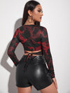 Chinese Dragon Print Tie Back Crop Top