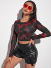 Chinese Dragon Print Tie Back Crop Top