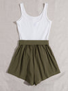 Button Front Colorblock Belted Combo Tank Romper