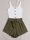 Button Front Colorblock Belted Combo Tank Romper