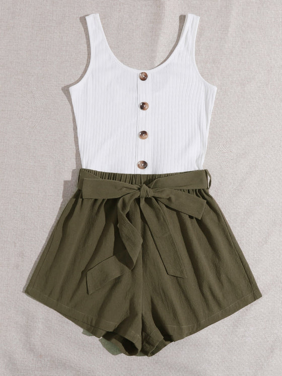 Button Front Colorblock Belted Combo Tank Romper