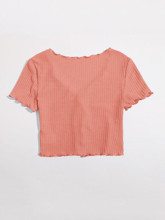 Buttoned Front Lettuce Trim Rib knit Tee