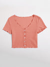 Buttoned Front Lettuce Trim Rib knit Tee