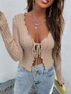 Tie Front Lettuce Trim Crop Cardigan