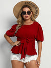 Plus Puff Sleeve Belted Blouse