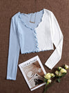Colorblock Lettuce Trim Button Front Rib knit Crop Tee