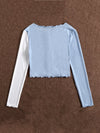 Colorblock Lettuce Trim Button Front Rib knit Crop Tee