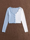 Colorblock Lettuce Trim Button Front Rib knit Crop Tee