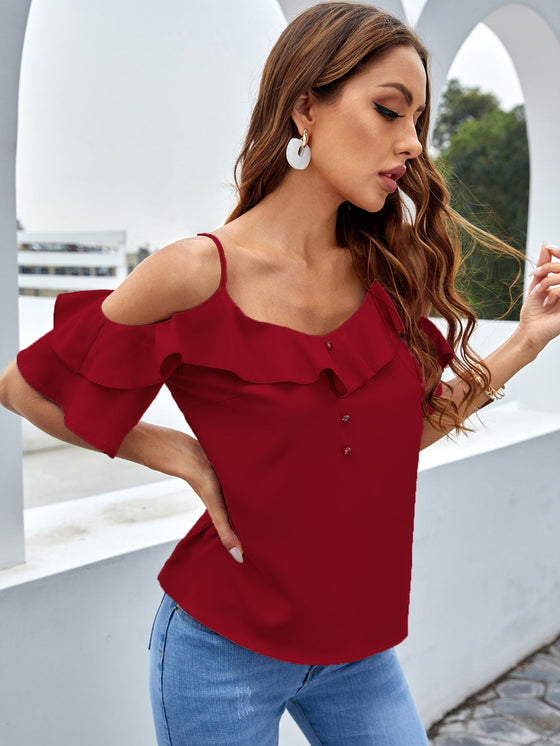 Ruffle Trim Cold Shoulder Blouse
