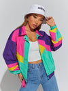 Color Block Drop Shoulder Zipper Jacket