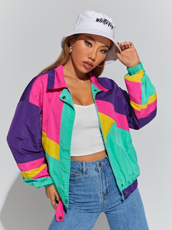 Color Block Drop Shoulder Zipper Jacket