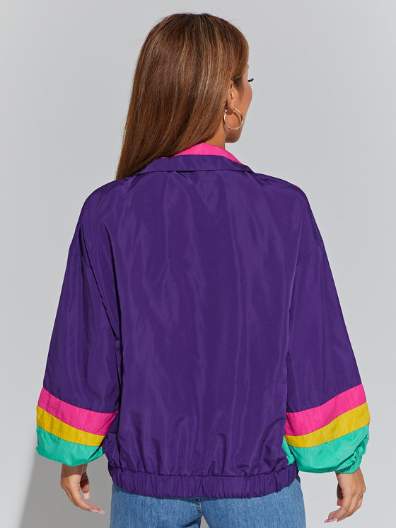 Color Block Drop Shoulder Zipper Jacket
