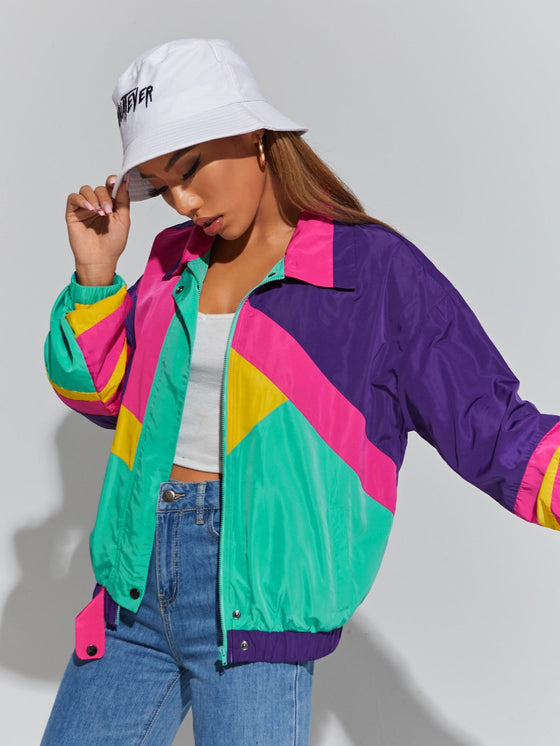 Color Block Drop Shoulder Zipper Jacket