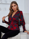 Floral Print Shirred Cuff Knot Side Wrap Blouse