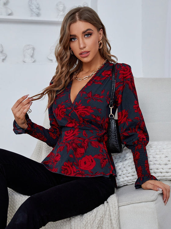 Floral Print Shirred Cuff Knot Side Wrap Blouse