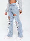 Light Washed Cut Out Ripped Straight Leg Jeans