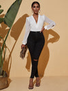Plunging Neck Split Sleeve Plicated Bodysuit