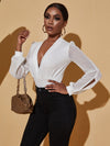 Plunging Neck Split Sleeve Plicated Bodysuit