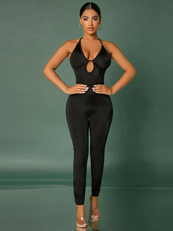 SXY Backless Cut Out Plunging Neck Halter Jumpsuit