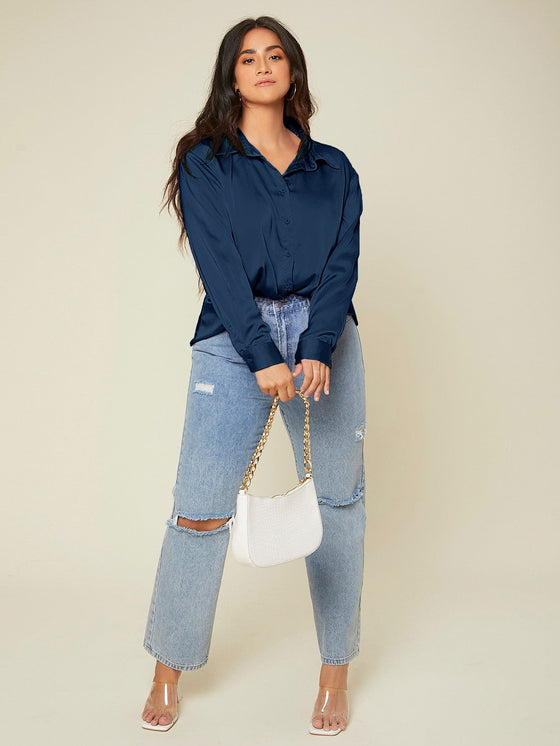 Plus Solid Button Up Satin Shirt