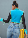Color Block Top stitching Frill Trim Slim Sleeve Crop Top