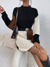 Mock Neck Colorblock Drop Shoulder Sweater Dress Without Belt