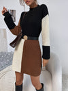 Mock Neck Colorblock Drop Shoulder Sweater Dress Without Belt