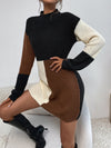Mock Neck Colorblock Drop Shoulder Sweater Dress Without Belt