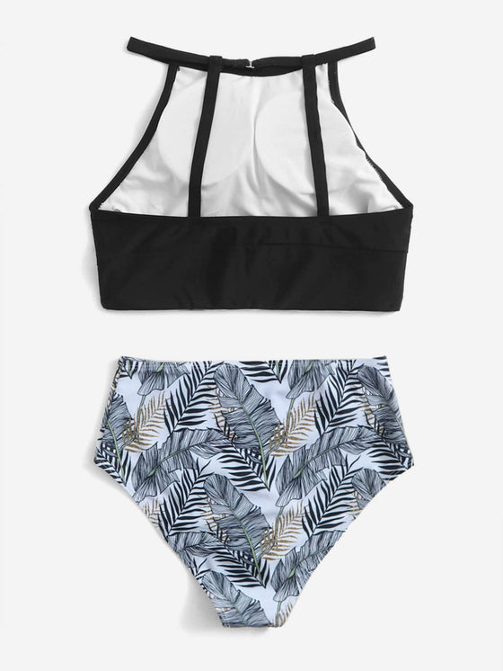 Leaf Pattern High Waisted Bikini Swimsuit