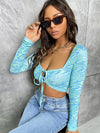 Scoop Neck Marble Print Tie Front Crop Top