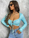 Scoop Neck Marble Print Tie Front Crop Top